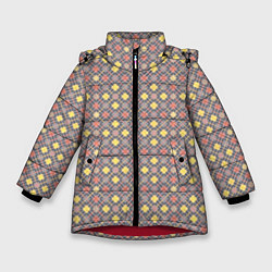 Куртка зимняя для девочки Желтые, оранжевый квадраты на сером, цвет: 3D-красный