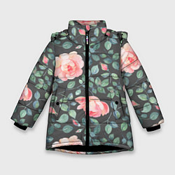 Куртка зимняя для девочки Розовые розы на сером фоне Цветы, цвет: 3D-черный