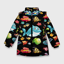 Куртка зимняя для девочки Прикольная акула и другие жители океана, цвет: 3D-черный