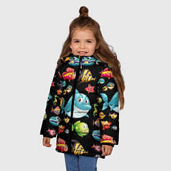 Куртка зимняя для девочки Прикольная акула и другие жители океана, цвет: 3D-черный — фото 2