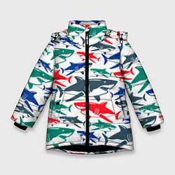 Куртка зимняя для девочки Стая разноцветных акул - паттерн, цвет: 3D-черный