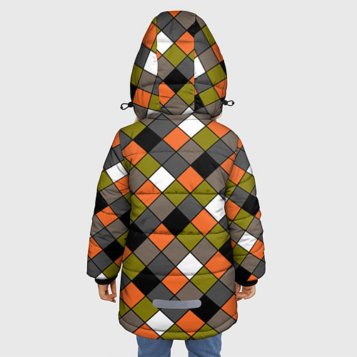 Зимняя куртка для девочки Геометрический узор в коричнево-оливковых тонах / 3D-Светло-серый – фото 4