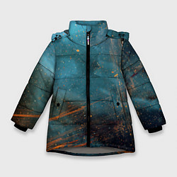 Зимняя куртка для девочки Абстрактная тёмно-синяя краска с оранжевыми мазкам