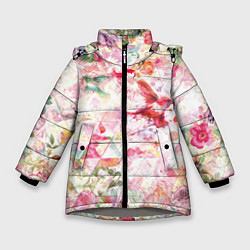 Куртка зимняя для девочки Птицы, цветы, узоры, цвет: 3D-светло-серый