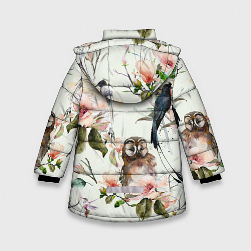 Зимняя куртка для девочки Цветы Нарисованные Магнолии и Птицы / 3D-Красный – фото 2
