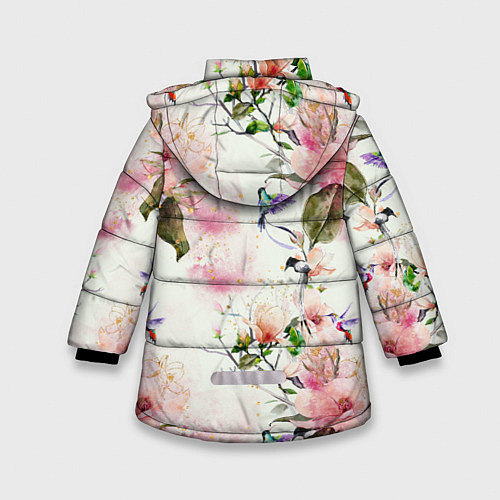 Зимняя куртка для девочки Цветы Нарисованные Магнолии и Разноцветные Птицы / 3D-Светло-серый – фото 2