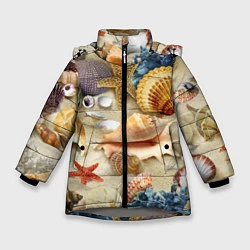 Куртка зимняя для девочки Морские раковины, кораллы, морские звёзды на песке, цвет: 3D-светло-серый