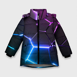 Куртка зимняя для девочки Фиолетовый градиент - неоновые геометрические плит, цвет: 3D-светло-серый
