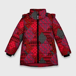Куртка зимняя для девочки Красный лоскутный узор пэчворк, цвет: 3D-красный