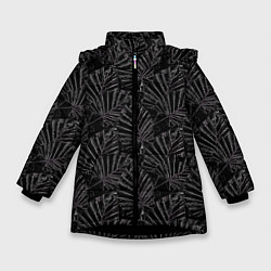Куртка зимняя для девочки Белые контуры тропических листьев на черном, цвет: 3D-черный