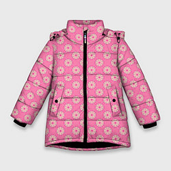 Куртка зимняя для девочки Белые цветочки на розовом фоне, цвет: 3D-черный