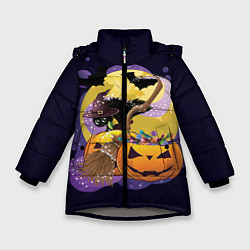 Куртка зимняя для девочки Чёрный котёнок и тыквы, цвет: 3D-светло-серый
