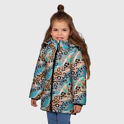 Куртка зимняя для девочки Леопардовый узор на синих, бежевых диагональных по, цвет: 3D-черный — фото 2