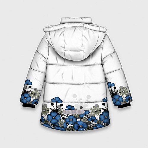 Зимняя куртка для девочки Синий цветочный узор -кайма / 3D-Светло-серый – фото 2