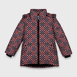 Куртка зимняя для девочки Абстракция коричнево-синие квадраты, цвет: 3D-черный