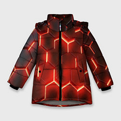 Куртка зимняя для девочки Светящиеся красным светом шестиугольники, цвет: 3D-светло-серый