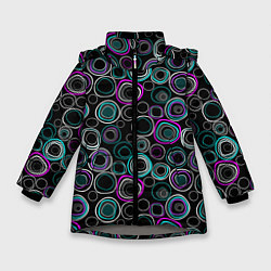 Куртка зимняя для девочки Узор ретро круги и кольца на черном фоне, цвет: 3D-светло-серый