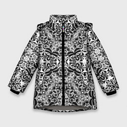 Куртка зимняя для девочки Черно-белый ажурный кружевной узор, цвет: 3D-светло-серый