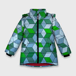 Куртка зимняя для девочки Зелёные и серые абстрактные кубы с оптической иллю, цвет: 3D-красный