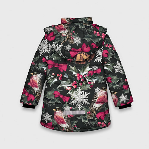 Зимняя куртка для девочки Новый год колокольчики, птицы, снежинки / 3D-Красный – фото 2