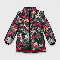 Куртка зимняя для девочки Новый год колокольчики, птицы, снежинки, цвет: 3D-красный