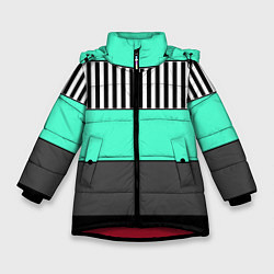 Куртка зимняя для девочки Полосатый зеленый с черным и белым узор, цвет: 3D-красный