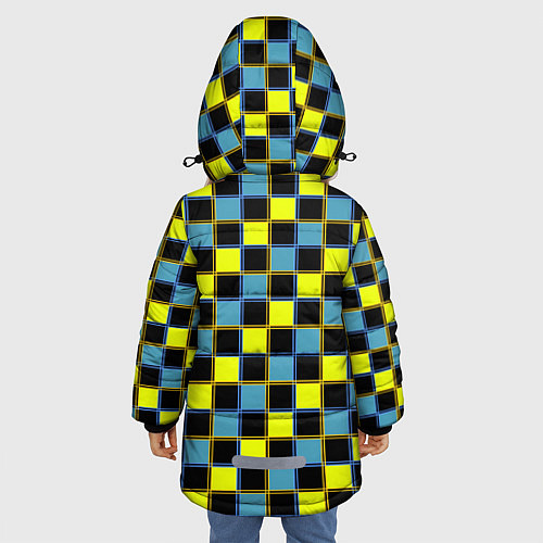 Зимняя куртка для девочки Желто-синий клетчатый яркий неоновый узор / 3D-Светло-серый – фото 4