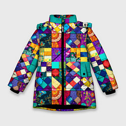 Куртка зимняя для девочки Пэчворк - лоскутные узоры, цвет: 3D-черный