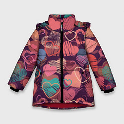 Куртка зимняя для девочки Узор из разных сердец, цвет: 3D-красный