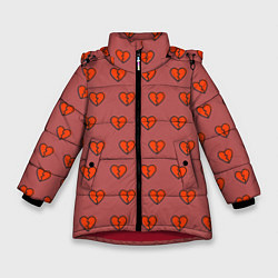 Куртка зимняя для девочки Разбитые сердца на бордовом фоне, цвет: 3D-красный