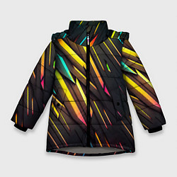 Куртка зимняя для девочки Неоновые абстрактные линии, цвет: 3D-светло-серый