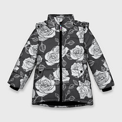 Куртка зимняя для девочки Нарисованные белые розы, цвет: 3D-черный