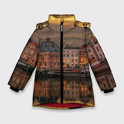 Куртка зимняя для девочки Мирный город на воде и тучи, цвет: 3D-красный