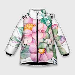 Куртка зимняя для девочки Пастельные цветы - посередине, цвет: 3D-черный