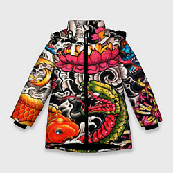 Куртка зимняя для девочки Иредзуми: цветущий лотос, цвет: 3D-черный