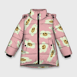Зимняя куртка для девочки Искаженные смайлы-цветы на розовом паттер