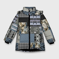 Зимняя куртка для девочки Серо-оливковый паттерн в народном русском стиле