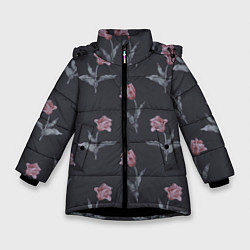 Зимняя куртка для девочки Красные тюльпаны с листьями на черном фоне