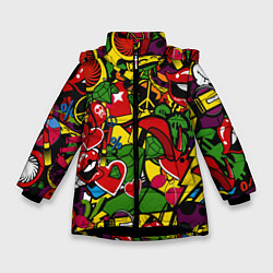 Куртка зимняя для девочки Хиппи, знаки, позитифф, цвет: 3D-черный