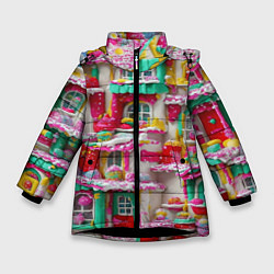 Куртка зимняя для девочки Домики из сладостей, цвет: 3D-черный