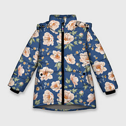 Куртка зимняя для девочки Розовые пионы на синем фоне, цвет: 3D-светло-серый