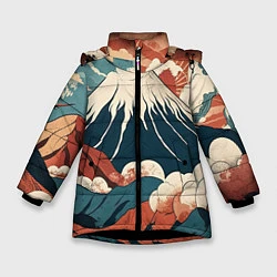 Куртка зимняя для девочки Ретро Фудзияма, цвет: 3D-черный