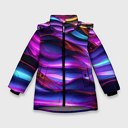 Куртка зимняя для девочки Неоновые синие и фиолетовые волны, цвет: 3D-светло-серый