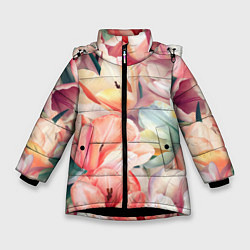 Куртка зимняя для девочки Разноцветные пастельные тюльпаны - паттерн, цвет: 3D-черный