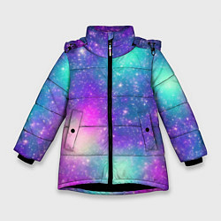 Куртка зимняя для девочки Яркий розово-голубой космос, цвет: 3D-черный