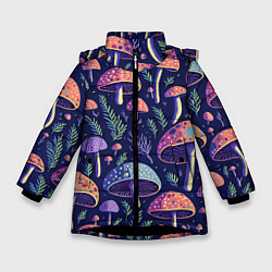 Куртка зимняя для девочки Грибы паттерн, цвет: 3D-черный