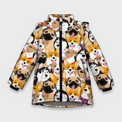 Куртка зимняя для девочки Хаски, Джек-рассел-терьер, Мопс, Корги, цвет: 3D-светло-серый
