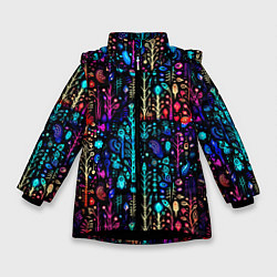 Куртка зимняя для девочки Флуоресцентные Цветы, цвет: 3D-черный