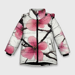 Зимняя куртка для девочки Цветы и ветви японской сакуры - текстура холста