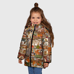 Куртка зимняя для девочки Коллаж из сказочных зверей - совы, белки, ёжики, цвет: 3D-черный — фото 2